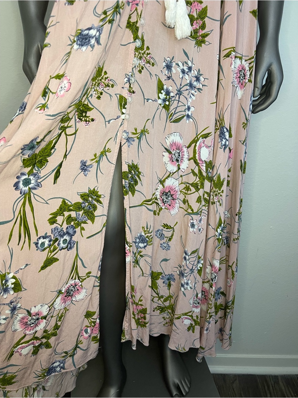 Floral Maxi Dress 2XL Pink Button Down Rayon Wild Flower Flowy Summer Long Slit - Picture 9 of 16
